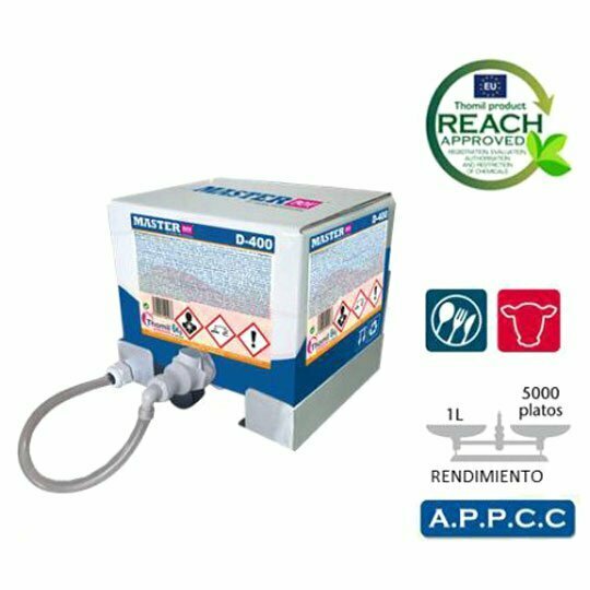 Lavavajillas máquina MASTERBOX D400 Aguas Duras (Garrafa 6 kg). Detergente líquido concentrado de alto poder desengrasante, para aguas duras, para máquinas lavavajillas y túneles de lavado.