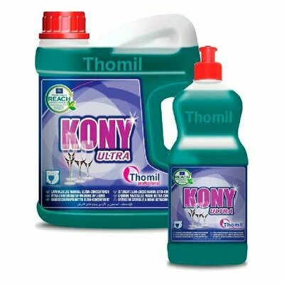 Lavavajillas manual concentrado KONY ULTRA (Botella 750 ml). Detergente espumante con elevadas propiedades desengrasantes. Concentrado. Gran poder de auto-secado. Biodegradable.