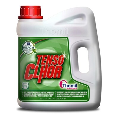 Gel limpiador clorado TENSO CLHOR (Garrafa 4 l). Enérgico limpiador en base a cloro activo, que proporciona una limpieza profunda de los suelos sin tratar. Con perfume Marsella.