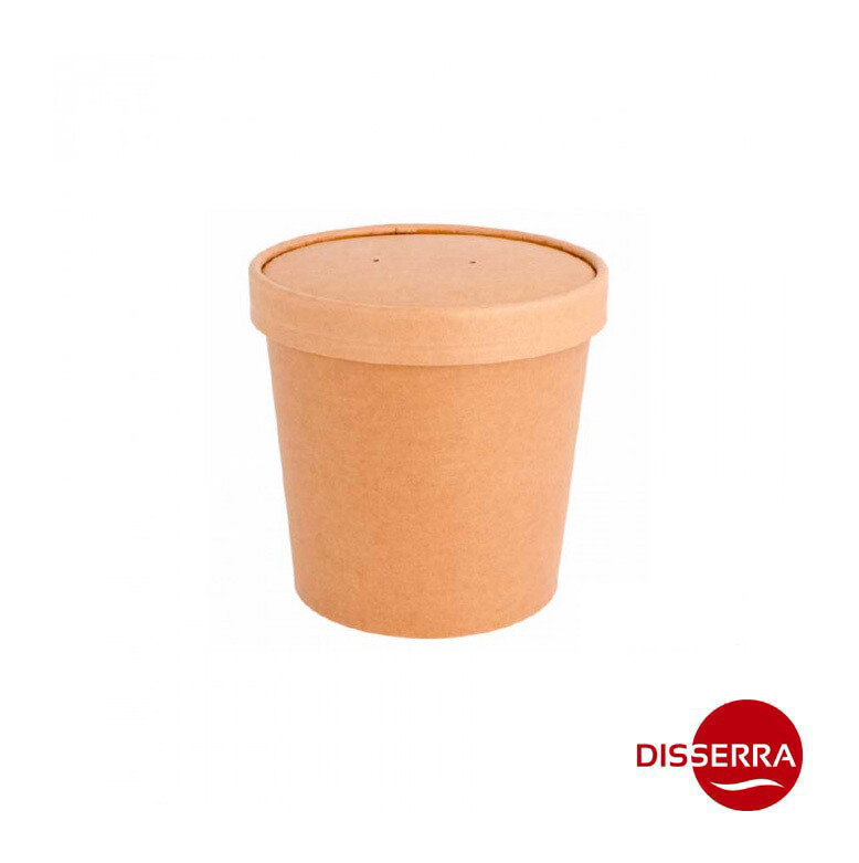 Tarrina para sopas en KRAFT ***CON TAPA*** 250 ml (Ristra 25 unidades). Ideal para alimentos fríos y calientes, con recubrimiento PE.