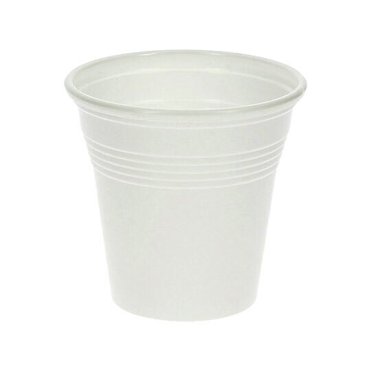 (DES) Vaso plástico blanco desechable, un solo uso 80 ml (Paquete 100 unidades). Vaso muy utilizado en fiestas populares para la degustación del cremaet, café, destilados, etc..