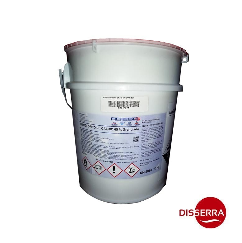 Hipoclorito Cálcico 65% Granulado (Bidón 25 kg). Desinfectante para el agua potable. Aditivo desinfectante para cloración de agua en depósitos o pozos, destinado al consumo humano. Hipoclorito Cálcico 65% Granulado (Bidón 25 kg). Desinfectante para el agua potable. Aditivo desinfectante para cloración de agua en depósitos o pozos, destinado al consumo humano.