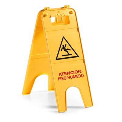 Señal doble aviso de atención suelo mojado de color amarillo. Señal de caballete de polipropileno robusto. Ideal para llevar a cabo actividades de limpieza de forma segura y prevenir accidentes.