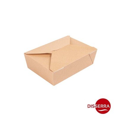 Caja Americana KRAFT TAKEAWAY 210x150x48 mm 1300 ml (Paquete 50 unidades). Caja que se forma a partir de una pieza troquelada que se monta automáticamente doblando las solapas interiores y superiores.