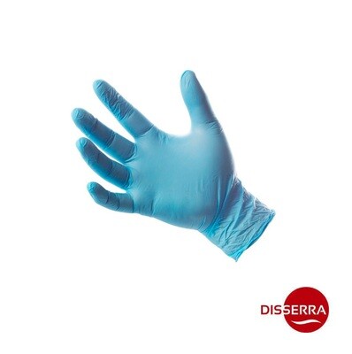 Guante desechable de examen de nitrilo azul sin polvo, hipoalergénico, fabricado con acrilonitrilo y butadieno en un proceso especial. No contiene látex. Disponible en varias tallas.