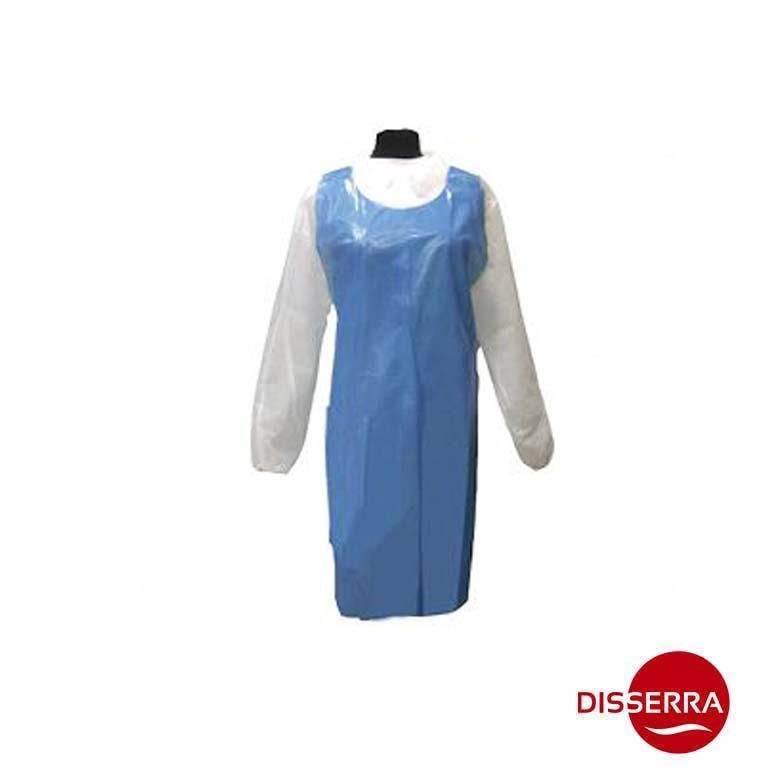 Delantal de polietileno (LDPE) 0.02 mm, completamente adaptable gracias a su amplia abertura para la cabeza y cintas de sujeción en la espalda.