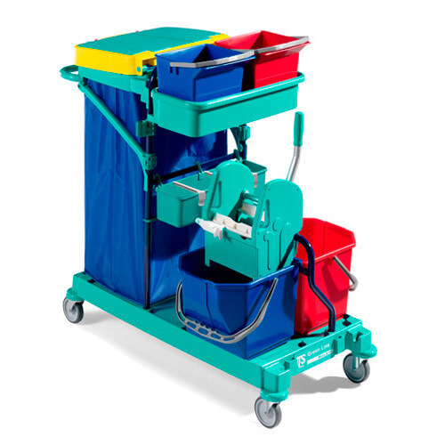 Carro Green 480 de limpieza multiusos en polipropileno y metal modular y con accesorios para responder a todas las necesidades de limpieza. Saco y tapa no incluidos.