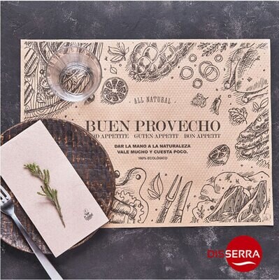 Mantel individual papel Buen Provecho kraft 30x40 cm (Caja 1000 unidades). Ideal para catering, eventos, buffet, etc.