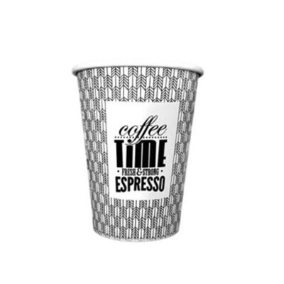 Vaso PAPEL DECORADO COFFE TIME Ø80 mm 12oz 350 ml (Ristra 100 unidades) Vaso de cartón con elegante diseño para la degustación de café, en la oficina, de viaje o en cualquier otro lugar.