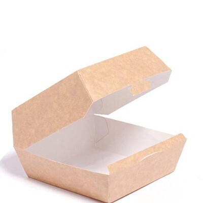Caja cartón Hamburguesa XXL 15,5x15,5x8 cm (Caja 400 unidades).Envase fabricado en cartón, color Kraft, está especialmente indicado para contener comidas calientes. Libre de Benzofenona.