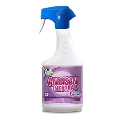 Ambientador Ambisan Neutral 750 ml. Gracias a la última tecnología molecular utilizada, destruye instantáneamente el mal olor y luego refresca el ambiente con una fragancia casi imperceptible.