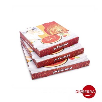 Caja cartón pizza 33x33 cm (Paquete 100 unidades) Las cajas para Pizza además de un bonito diseño, cumplen con todas las reglamentaciones europeas para uso en contacto con alimentos.