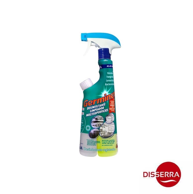 Potente limpiador desinfectante, sin lejía GERMINEX, eficaz como Virucida, Fungicida, Levuricida y Bactericida. Limpieza y desinfección en un solo producto. Potente limpiador desinfectante, sin lejía GERMINEX, eficaz como Virucida, Fungicida, Levuricida y Bactericida. Limpieza y desinfección en un solo producto.