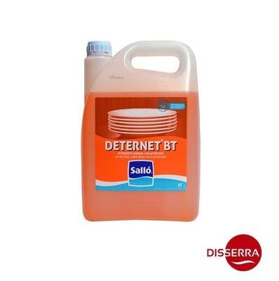 Lavavajillas manual DETERNET BT (Garrafa 5 l). Detergente con pH neutro para el lavado manual de vajillas y todo tipo de utensilios de cocina. Desengrasa y limpia facilitando el secado.