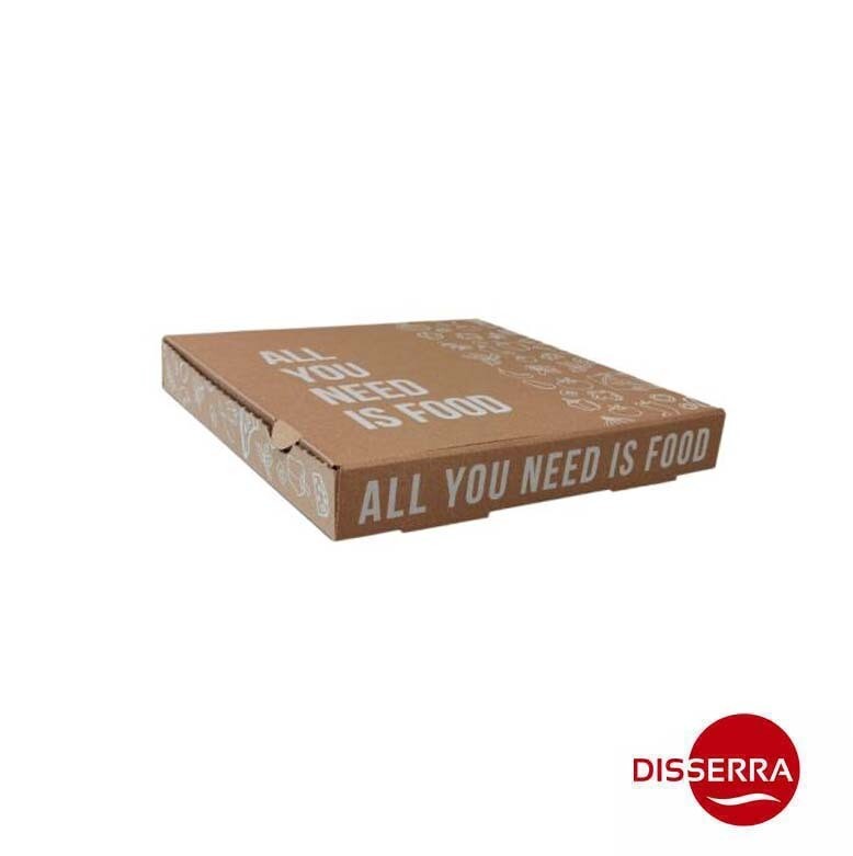Caja Pizza KRAFT Caja Pizza KRAFT "ALL YOU NEED IS FOOD" 30x30x4 cm (paquete 100 unidades). Ideal para la restauración con comida para llevar, pizzerías, take away, etc. 100% Reciclable.