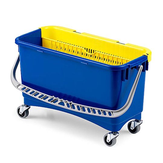 Cubo cristalero con escurridor, ruedas y 20 litros de capacidad. Sistema para la aplicación de cera con mojador. Ideal para el tratamiento de suelos y para la limpieza de cristales.