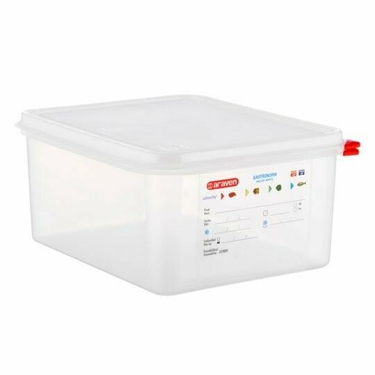 Envase hermético transparente GN1/1, aumenta la vida  útil del alimento. La tapa va provista de canal que permite extraer parcialmente el aire, reduciendo la oxidación del alimento.