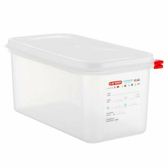 Envase hermético transparente GN1/3, aumenta la vida  útil del alimento. La tapa va provista de canal que permite extraer parcialmente el aire, reduciendo la oxidación del alimento.
