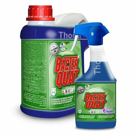 Limpiador bactericida BACTER QUAT con registro HA. Producto limpiador líquido bactericida, fungicida y virucida de triple acción: limpia, desinfecta y desodoriza. Eficacia frente al Coronavirus.