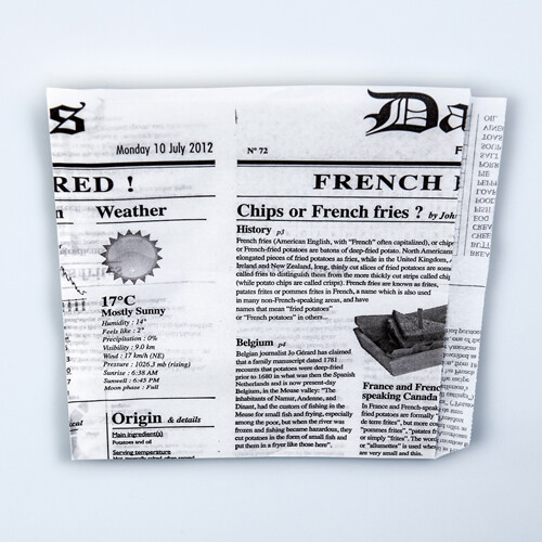 Recambio Papel PERIÓDICO ANTIGRASA BLANCO hamburguesas y fritos (Paquete 1000 uds). Excelente papel para envolver sándwiches, bocadillos, patatas fritas o para usar cestas de aperitivos y frituras.