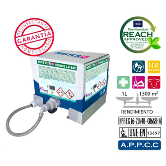 Desengrasante Desinfectante Alimentario MASTERBOX D 40 BAC (Caja 5 litros).  Producto triple acción, virucida, bactericida, y fungicida. Eficacia contra el Coronavirus.
