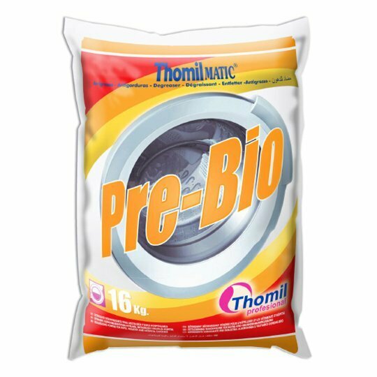 Detergente lavadora PRE BIO (Saco 16 kg). Detergente completo de gran poder desengrasante.  Alta eliminación restos orgánicos y proteínicos, recomendado para Hostelería, Geriatría y Sanidad.