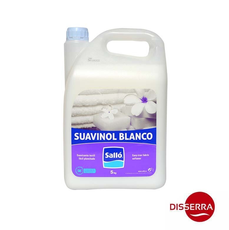 Suavizante SUAVINOL BLANCO (Garrafa 5 l). Suavizante concentrado que perfuma intensamente todo tipo de prendas eliminando los restos de detergente y la carga electroestática. Perfume flores blancas.
