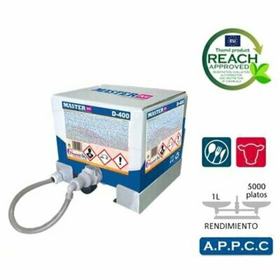Lavavajillas máquina MASTERBOX D400 Aguas Duras (Garrafa 6 kg). Detergente líquido concentrado de alto poder desengrasante, para aguas duras, para máquinas lavavajillas y túneles de lavado.