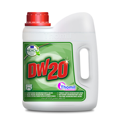 Súper Limpiador DW 20 (Garrafa 4 l)Detergente ácido de uso profesional para la limpieza y tratamiento de depósitos calcáreos o restos de suciedad causados por jabones calcinados o residuos de grasa.