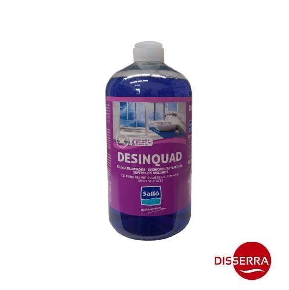 Limpiabaños/Desincrustante DESINQUAD 1 litro. Limpiador antical de uso diario. No aplicar sobre mármol ni granito. Gel desincrustante especial para baños. Desodorizante e higienizante.
