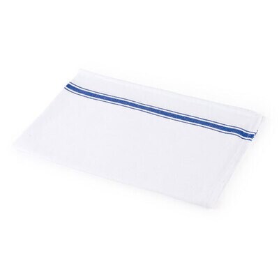 Paño sarga algodón CRISTAL blanco LINEA AZUL 70X50 cm. (Paquete 12 unidades). Paño perfecto para una variedad de trabajos de limpieza en la cocina.  Tejido sarga blanco con banda lateral azul.