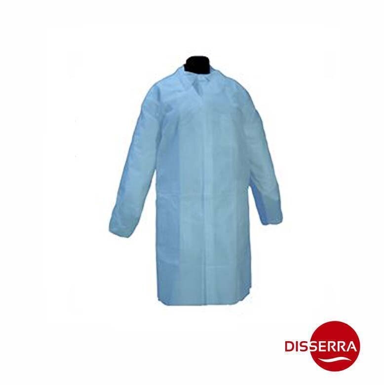 Bata polipropileno 25 grs., medida estándar, con cierre mediante 5 velcros, cuello tipo camisa y manga larga con elásticos para una mejor protección y adaptabilidad (Caja 100 unidades)