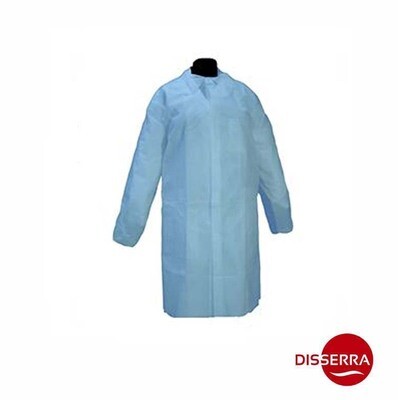 Bata polipropileno 25 grs., medida estándar, con cierre mediante 5 velcros, cuello tipo camisa y manga larga con elásticos para una mejor protección y adaptabilidad (Caja 100 unidades)