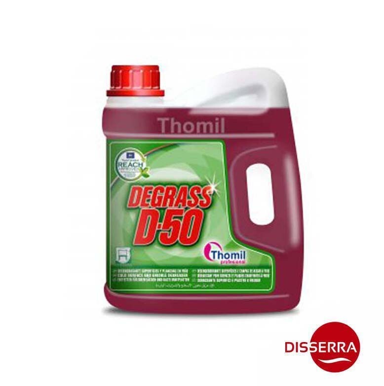 Desengrasante D-50 alcalino muy concentrado y especialmente enérgico sobre grasas requemadas e incrustadas. Facilita limpieza muy rápida gracias a sus componentes de alta penetración (Garrafa 4,7 kg)