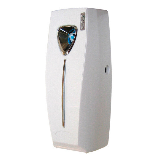 Difusor/Dosificador ambiental Amarillys con tres modos de funcionamiento y una frecuencia programable de las pulverizaciones. Funciona con 2 pilas LR14 no incluidas.