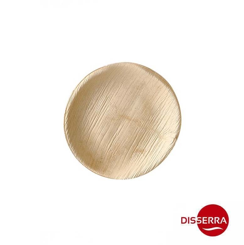 Plato Pure hoja de palma redondo Ø15 cm (Caja 100 uds). Fabricado directamente con las hojas caídas de manera natural de la palmera, resistentes a grasas, aceites, hornos y microondas. 100% Ecológico.