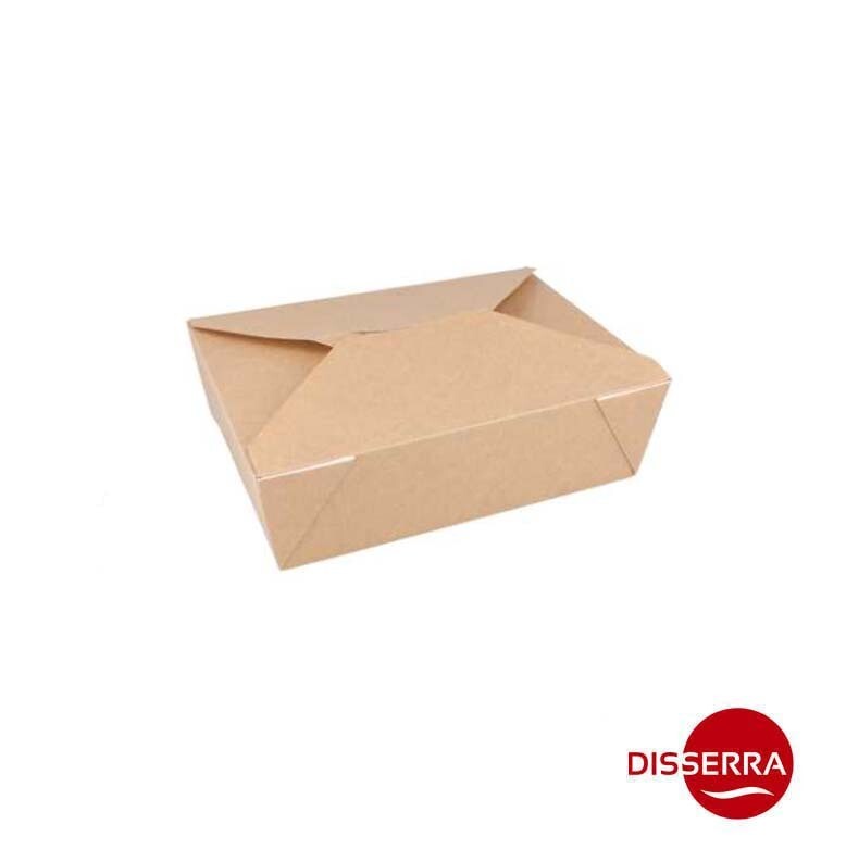 Caja Americana KRAFT TAKEAWAY 140x111x64 mm 1000 ml (Ristra 50 unidades). Caja que se forma a partir de una pieza troquelada que se monta automáticamente doblando las solapas interiores y superiores.