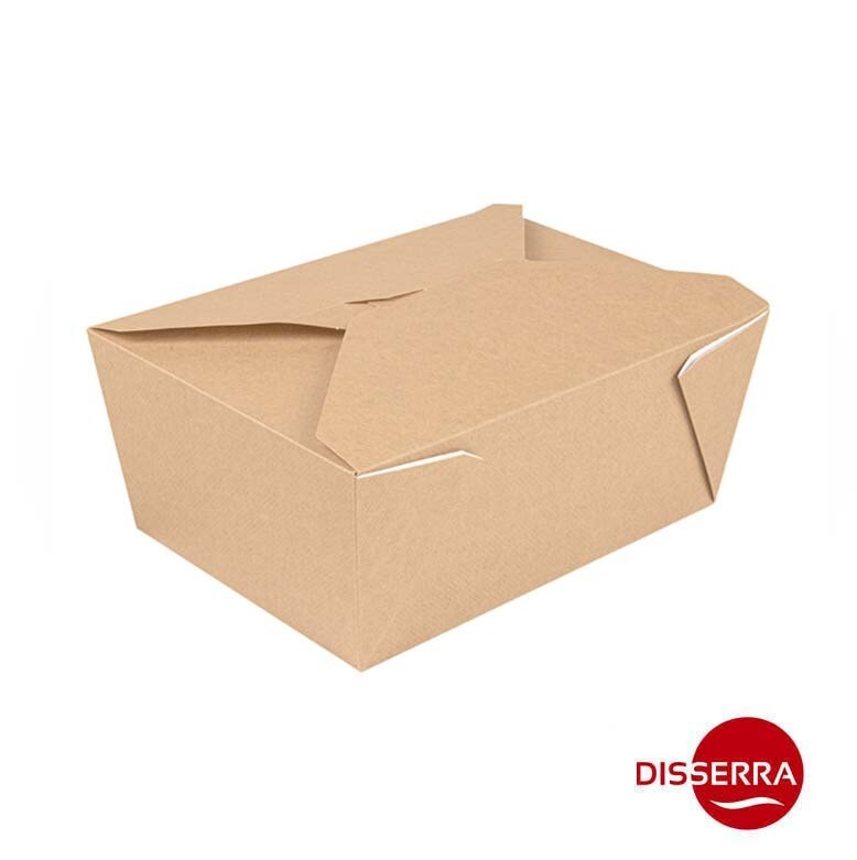 Caja Americana KRAFT TAKEAWAY 112x90x65mm 650 ml (Ristra 50 unidades). Caja que se forma a partir de una pieza troquelada que se monta automáticamente doblando las solapas interiores y superiores.