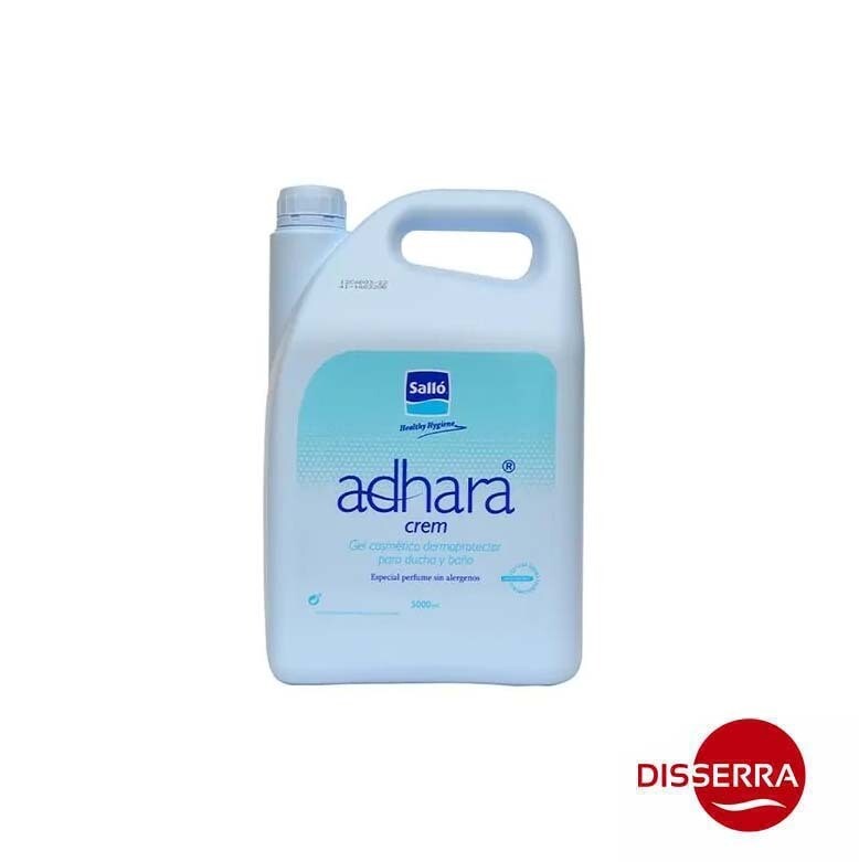 Gel ADHARA CREM neutro manos y cuerpo (garrafa 5 litros). Gel dermoprotector para piel y cabello con componentes hidratantes naturales. Contiene glicerina, sódium PCA y lanolina. Hipoalergénico.
