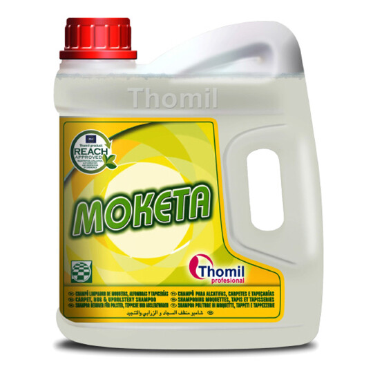 Champú MOKETA (garrafa 4 litros).  Limpia a fondo moquetas, alfombras y pavimentos textiles en general. Reaviva los colores y suaviza la superficie tratada. Uso manual o con rotativa. Secado rápido.