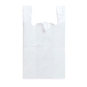 Bolsa camiseta 100% reciclada Blanca de 35x50 cm, galga 200 (paquete 100 unidades). Bolsa camiseta para ser utilizada en tiendas de ropa, ferreterías, etc. NO apta para uso alimentario.