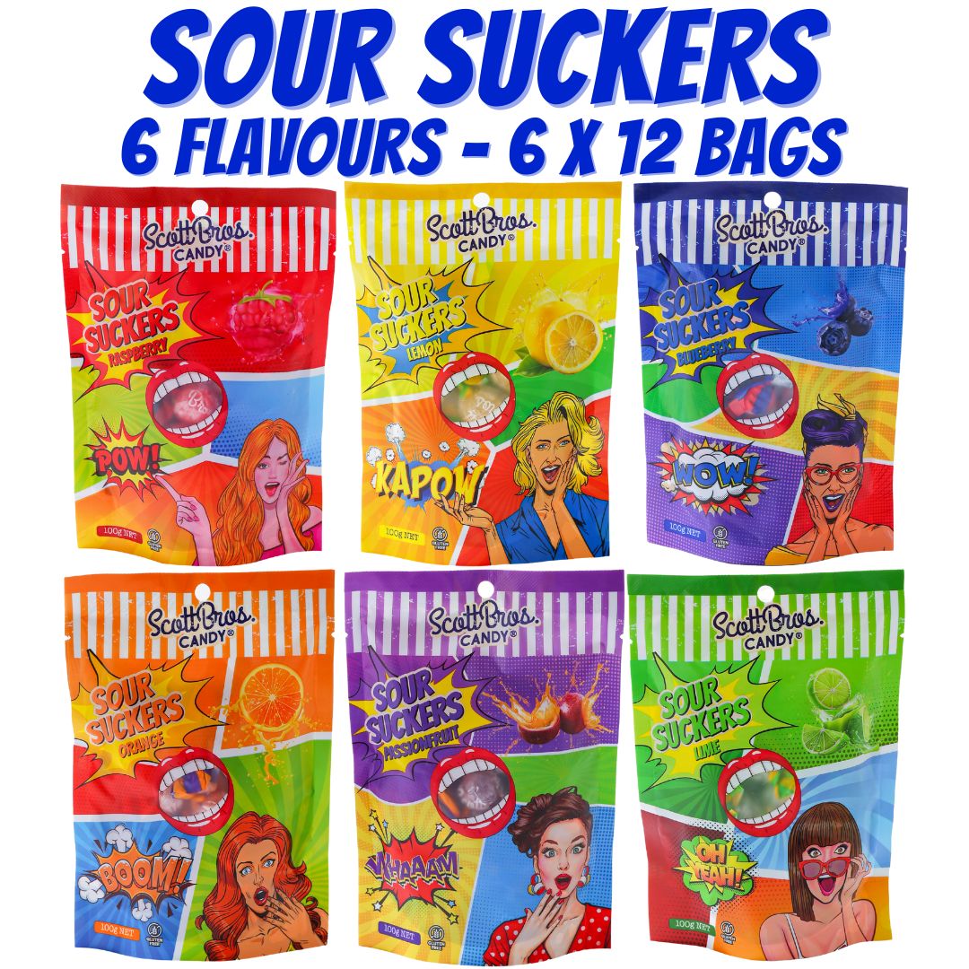 SOUR SUCKERS - 6 Flavours / 72 Bags