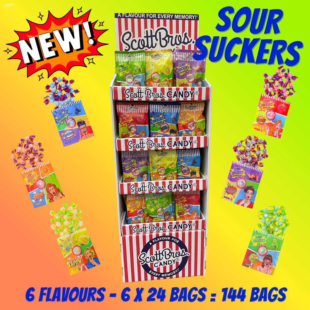 SOUR SUCKERS on Floor Stand - 6 Flavours / 144 Bags