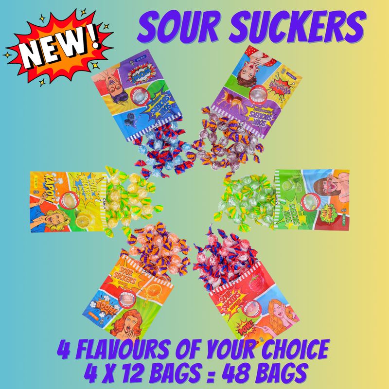 SOUR SUCKERS - 4 Flavours / 48 Bags