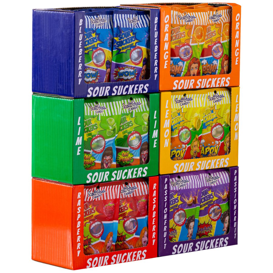 Sour Suckers in SHELF-READY Cartons 6 Flavours / 72 Bags