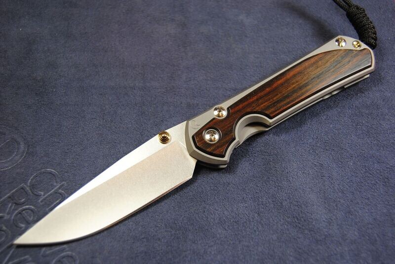 Large Sebenza 31 - Macassar Ebony-Drop Point Blade-Gold Hardware-Stonewashed Blade-Glass Blasted.
