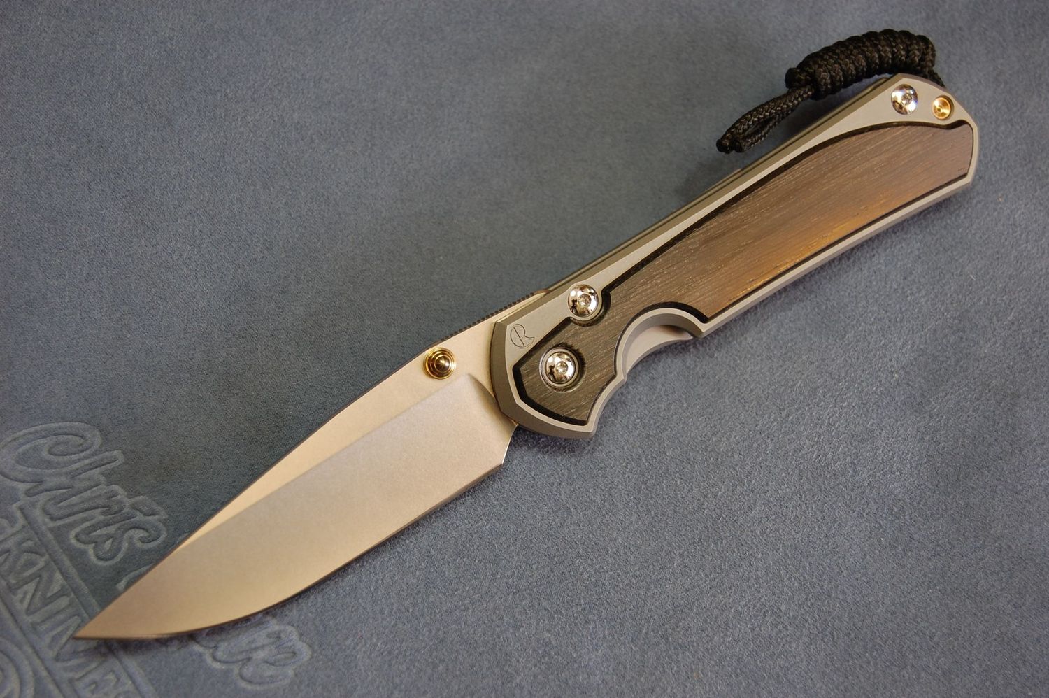 Large Sebenza 31 -Right Hand-Bog Oak Inlay-Drop Point Blade-Glass Blast-Gold Hardware
