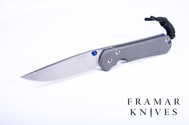Small Sebenza 31 - Plain, Stonewashed Drop Point Blade - Sand Blast Finish-Blue Hardware