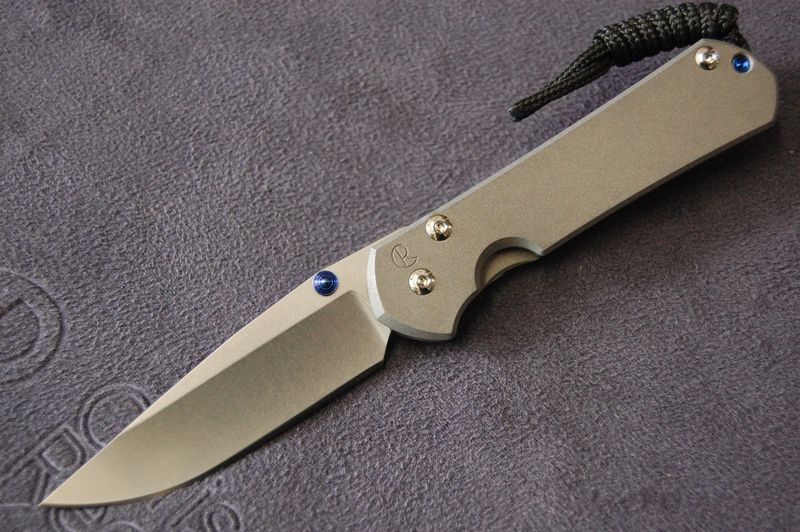 Small Sebenza 31 - Plain, Stonewashed Drop Point Blade - Sand Blast Finish-Blue Hardware