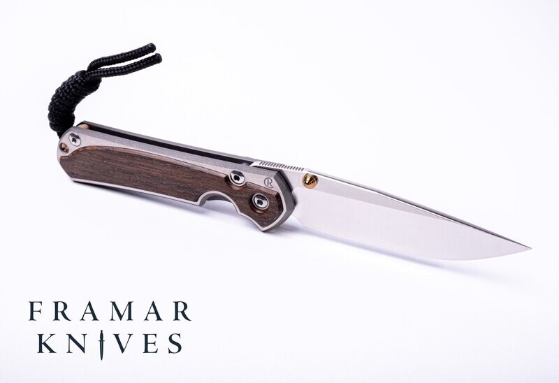 Small Sebenza 31 - Drop Point Blade-Bog Oak Inlay-Glass Blast Finish-Stonewashed Blade -Gold Hardware.